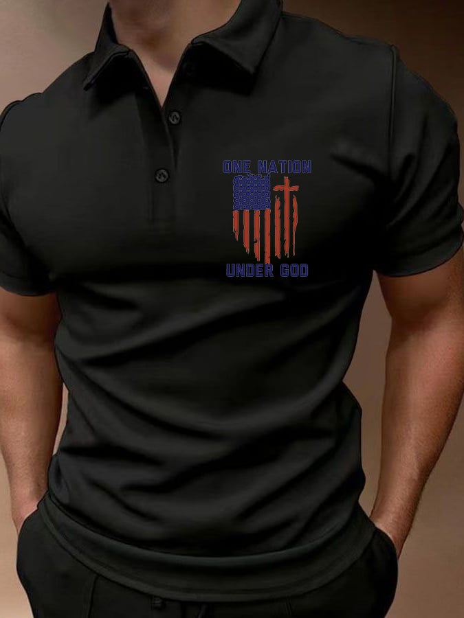 Men's Flag Cross Print Button Casual Polo Shirt