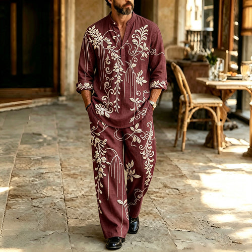 Men's Vine-Print Stand-Collar Polo Shirt and Pants Set