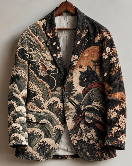 Men's Retro Japanese Art Black Cat Samurai And Dragon Print Casual Blazer