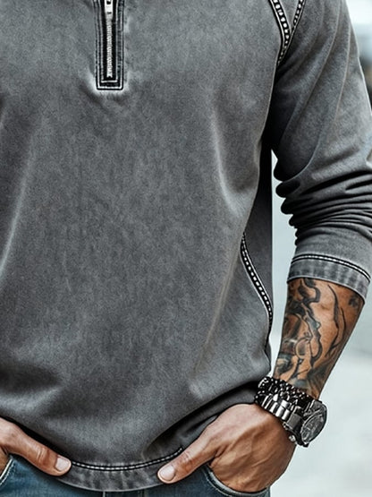 Men's Vintage Washed and Distressed Outdoor Zip-Up Hoodie