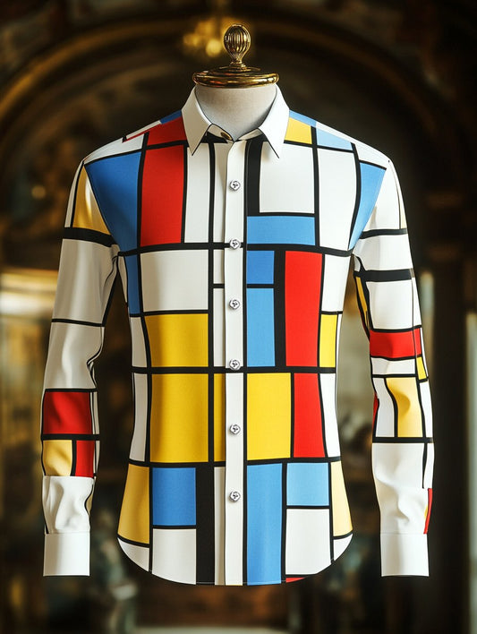 Men's Satin Geometric Casual Long Sleeve Button-Down Shirt