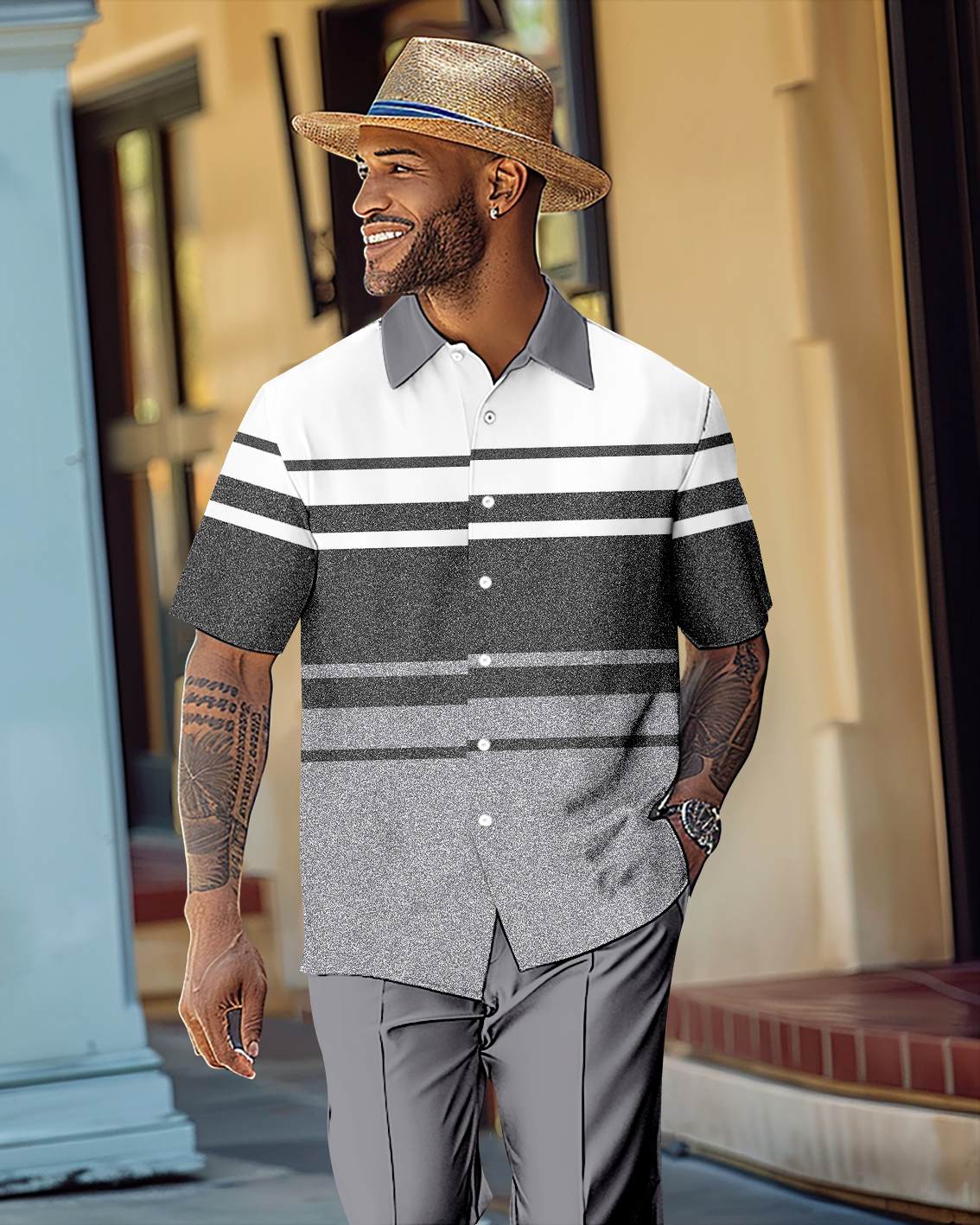 Men's Gradient Color Block Short Sleeve Shirt Walking Suit 1114