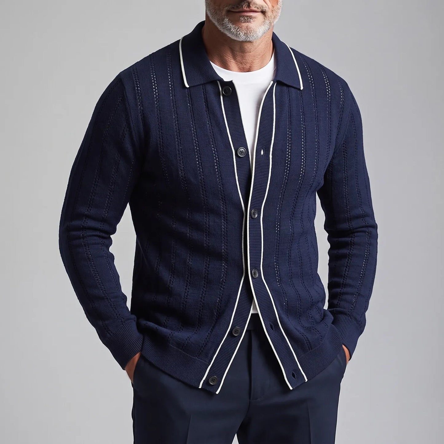 Men's Navy Blue Hollow Out Contrast Trim Single Breasted Knit Cardigan