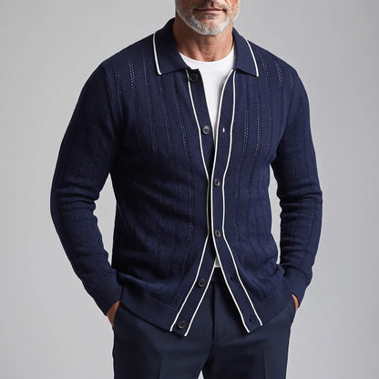 Men's Navy Blue Hollow Out Contrast Trim Single Breasted Knit Cardigan