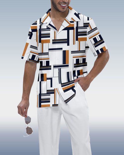 Rianmond Men's Color Block Print Short Sleeve Shirt Walking Set 2 Color 474