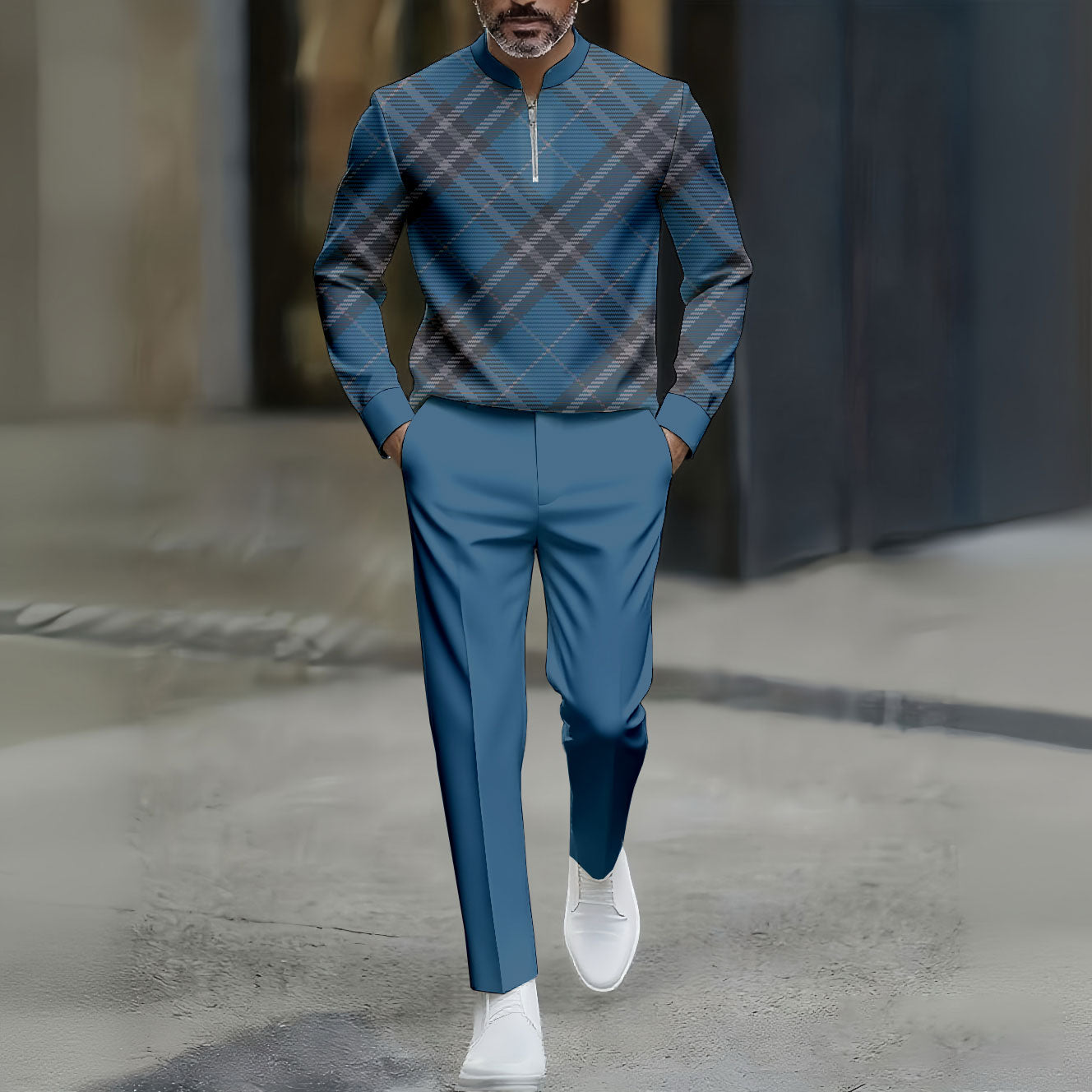 Men's Casual Color Matching Checked Printed Round-Neck Zipper Long Sleeved Trousers Navy Blue Two-Piece Set