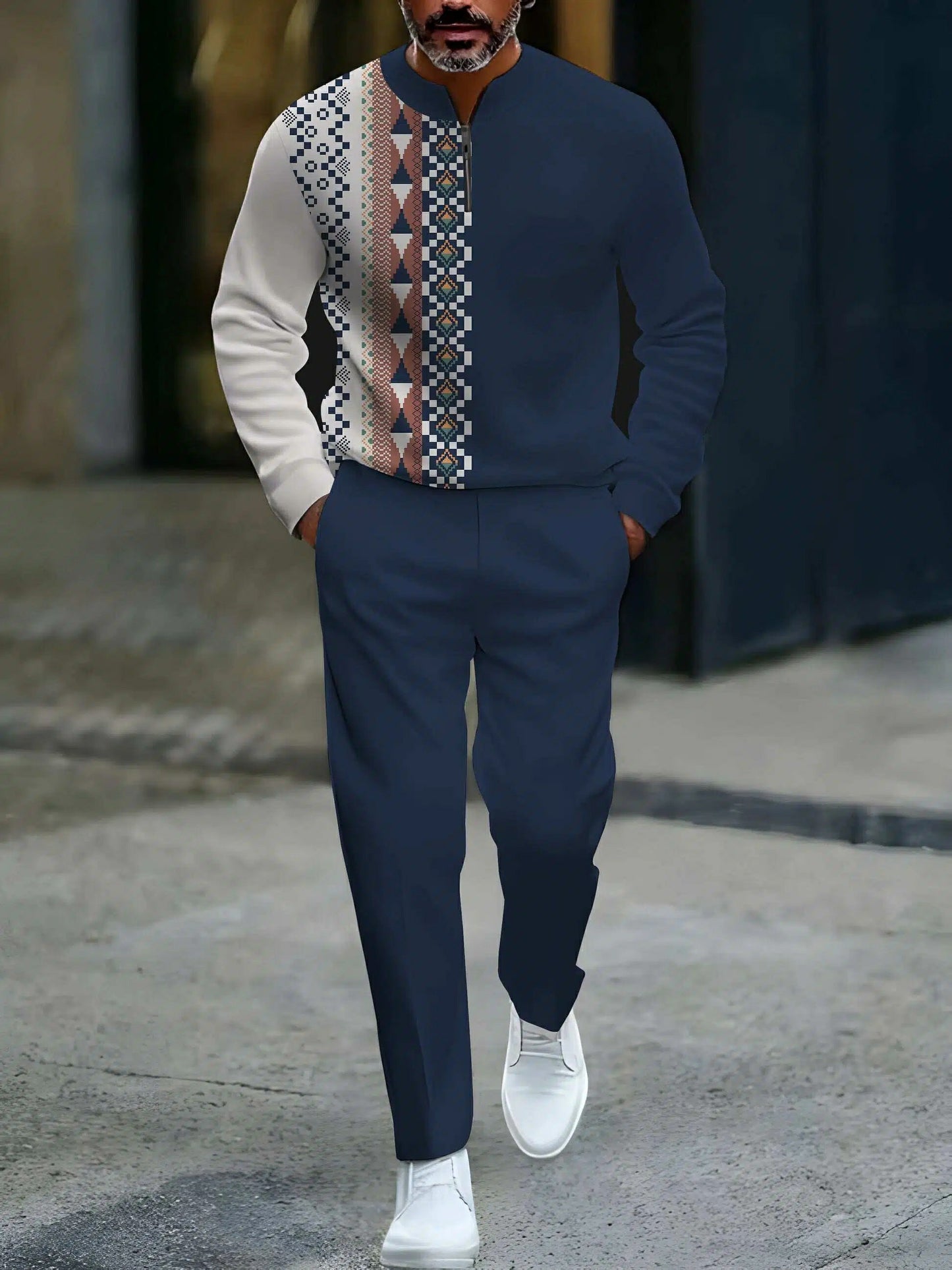 Men's Casual Navy Blue Color Matching Vintage Flower Pattenr Round-Neck Zipper Long Sleeved Tops & Trousers Two-Piece Set