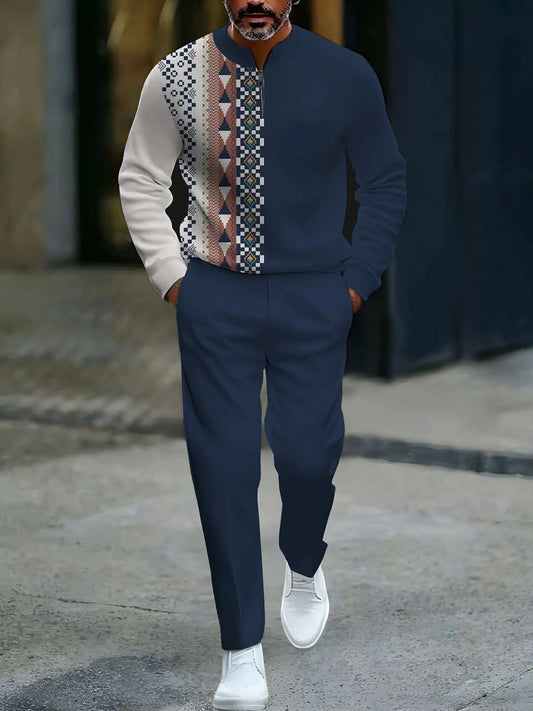 Men's Casual Navy Blue Color Matching Vintage Flower Pattenr Round-Neck Zipper Long Sleeved Tops & Trousers Two-Piece Set