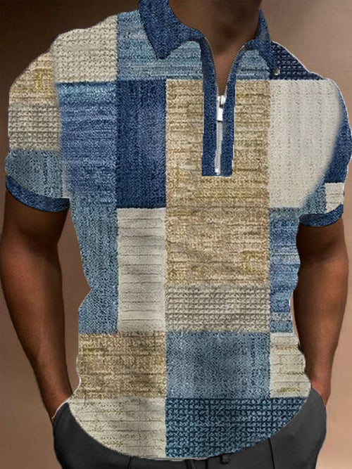 Men's Resort Style Print Zip Collar Polo Shirt