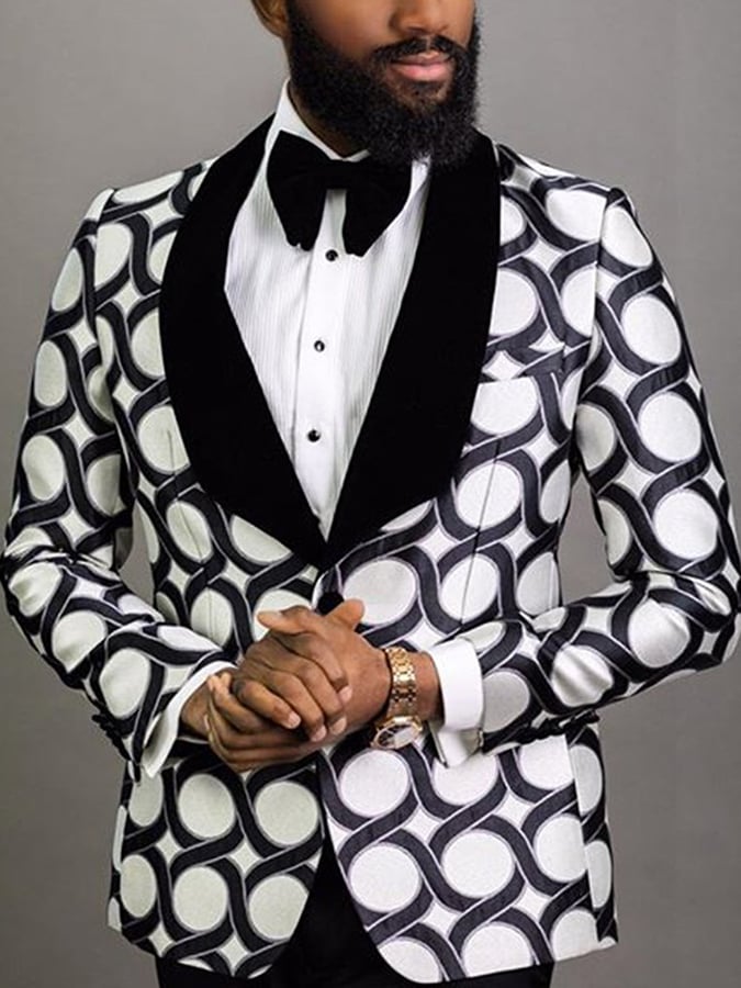 Men's Stylish Contrast Color Printed Single-Breasted Two-Button Slim-Fit Blazer