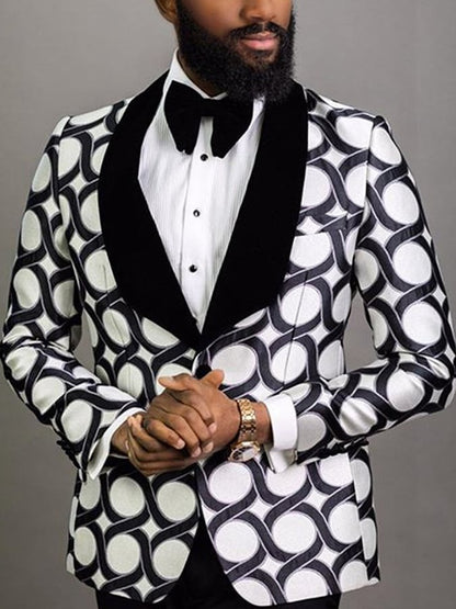 Men's Stylish Contrast Color Printed Single-Breasted Two-Button Slim-Fit Blazer