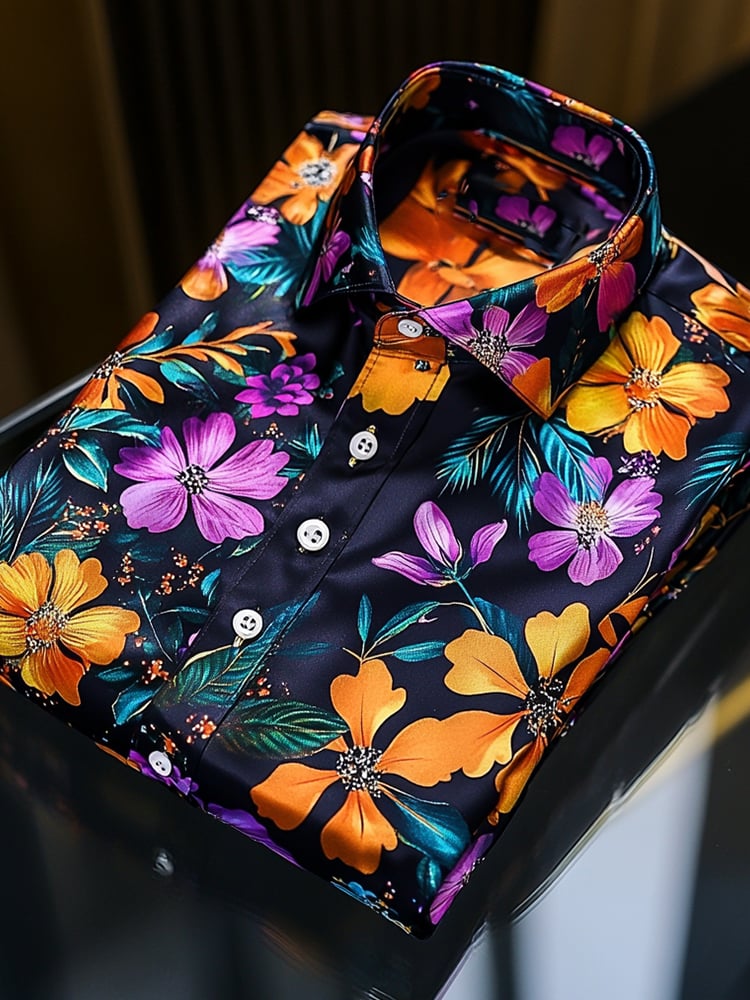 Men's Satin Luxury Hawaiian Full Print Dark Background Floral Short Sleeve Button Shirt