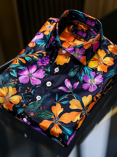 Men's Satin Luxury Hawaiian Full Print Dark Background Floral Short Sleeve Button Shirt