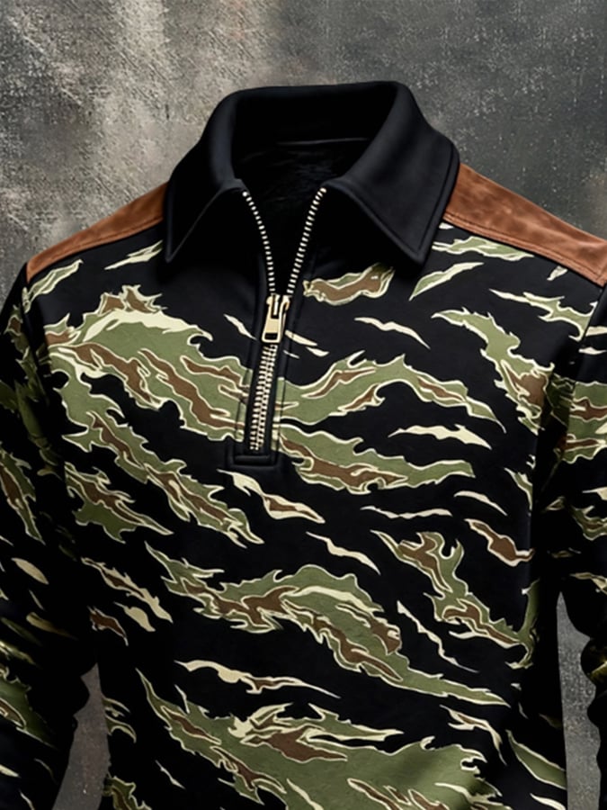 Men's Retro Color Block Print Color-Blocked Zip-Up Sweatshirt