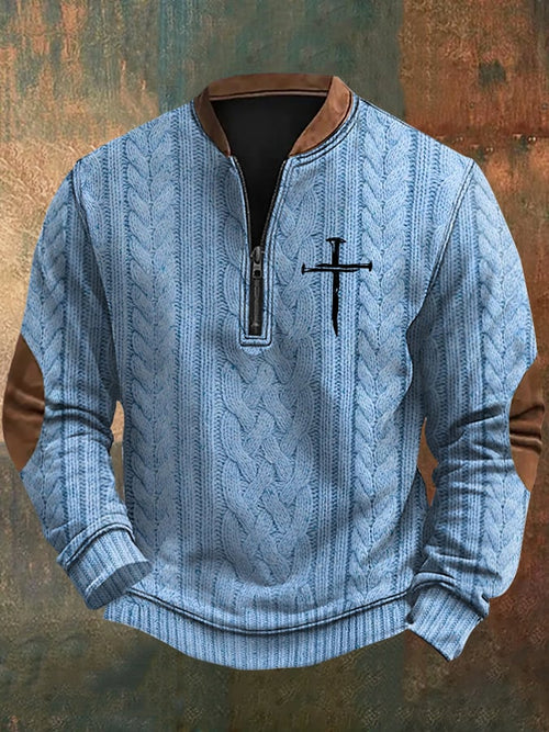 Men's Faith Cross Print Zipper Neck Knit Sweatshirt