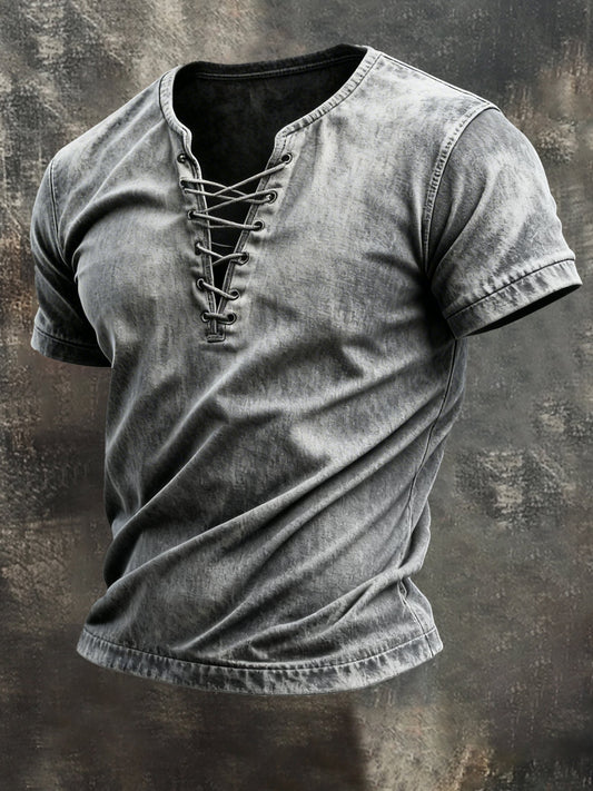 Men's Vintage Washed Tie-Up Short-Sleeved T-Shirt