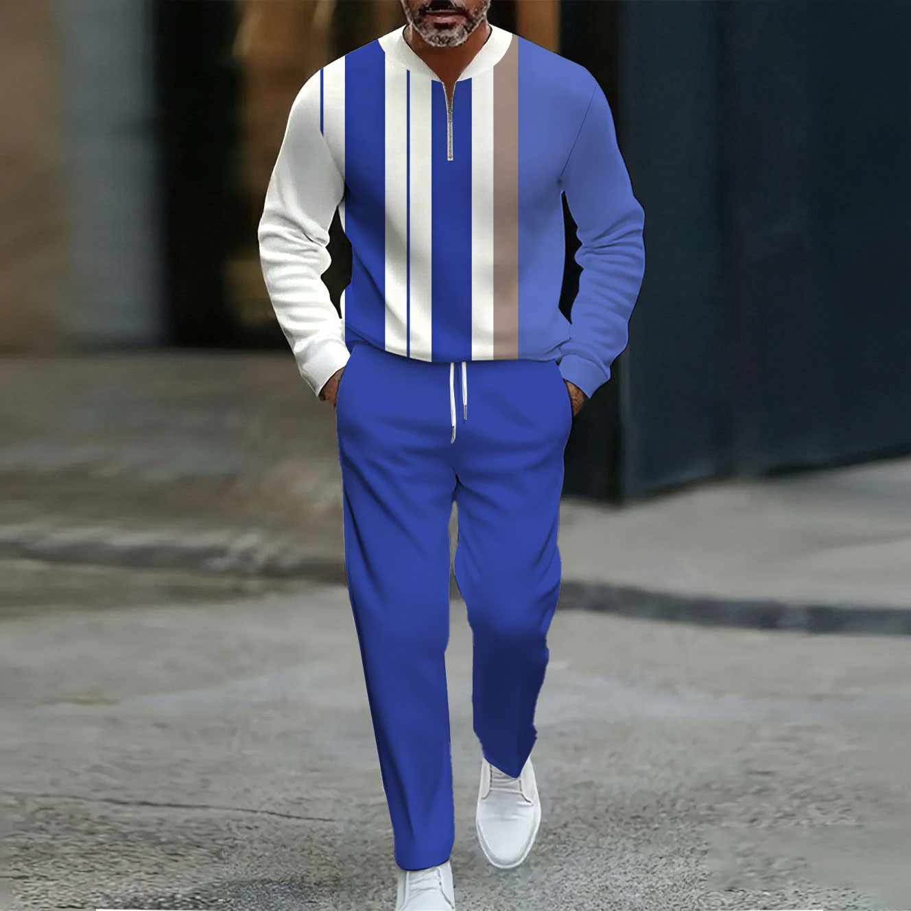 Men's Casual Royal Blue & White Color Matching Striped Printed Round Neck Zipper Long-Sleeve Sweatshirt & Pants Two-Piece Set