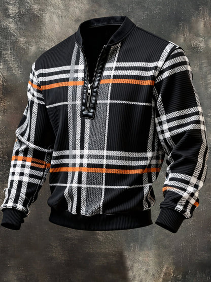 Men'S Casual Retro Contrast Color Half Zip Stand Collar Long Sleeve Sweatshirt