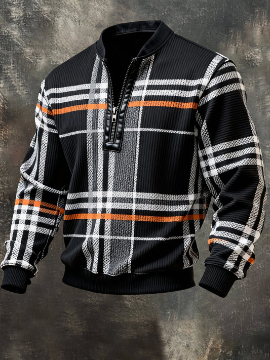 Men'S Casual Retro Contrast Color Half Zip Stand Collar Long Sleeve Sweatshirt