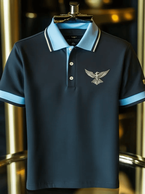 Men's Business Stripe Lettering Button-Down Polo Shirt