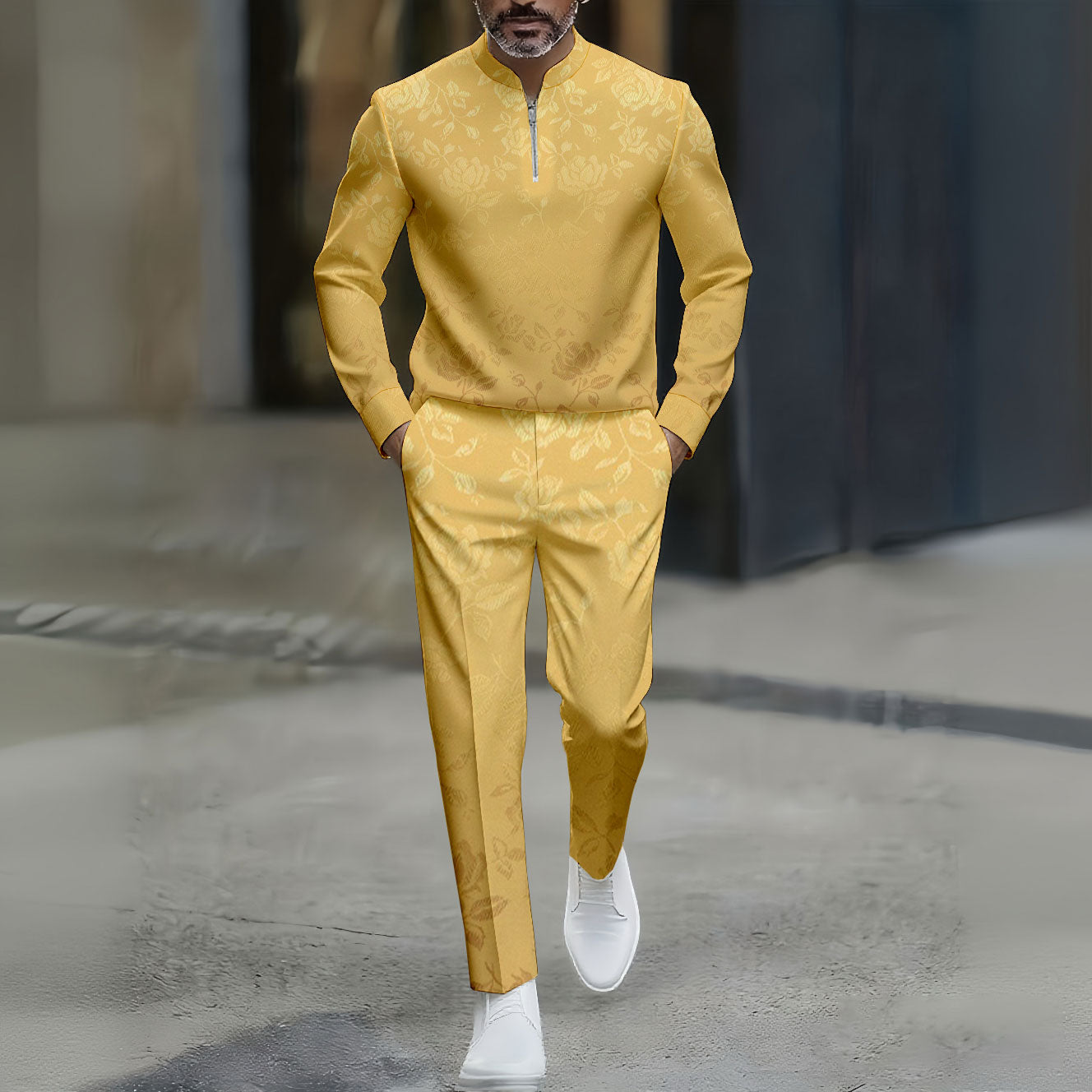 Men's Casual Flower Printed Round-Neck Zipper Long Sleeved Trousers Yellow Two-Piece Set
