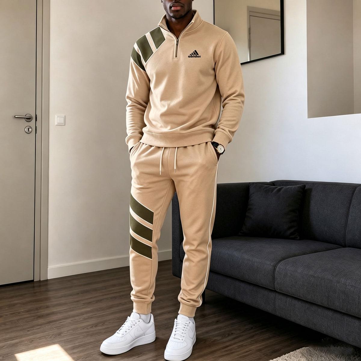 Men's Printed Zipper Stand-Up Collar Sweatshirt and Sweatpants Set