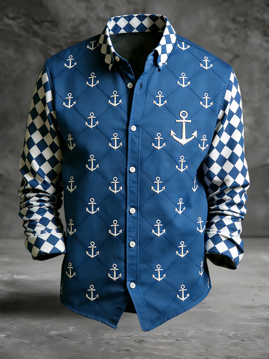 Men's vintage navy anchor print long-sleeved shirt