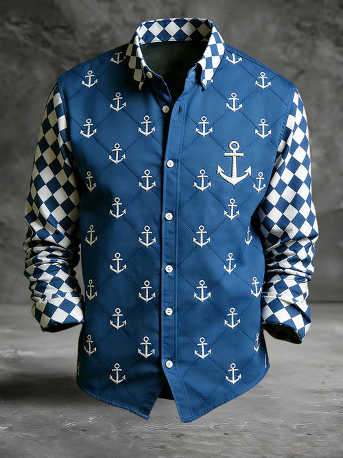 Men's vintage navy anchor print long-sleeved shirt