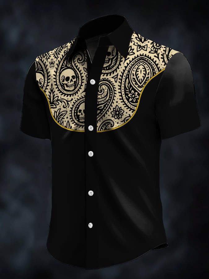 Men's Retro Western Contrast Print Short Sleeve Casual Shirt