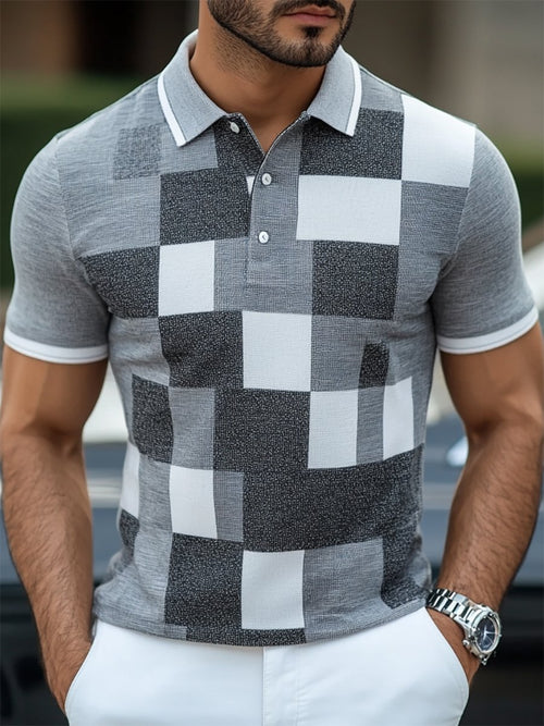 Men's Casual Business Geometric Button Short Sleeve Polo Shirt