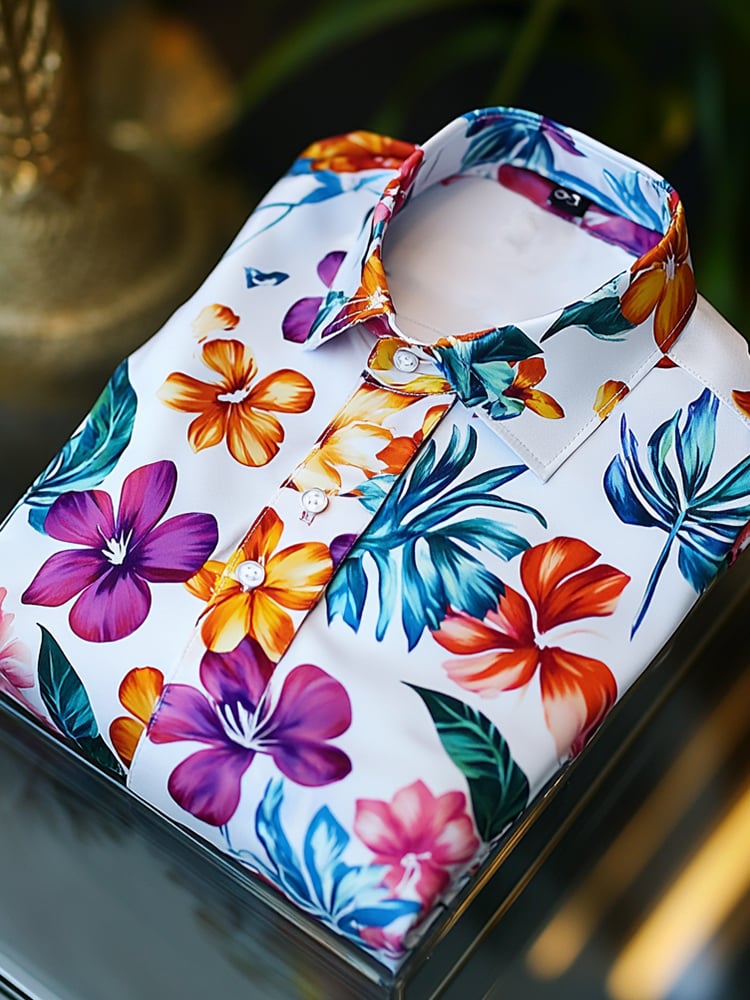 Men's Satin Luxe Hawaiian Print Short Sleeve Button Shirt