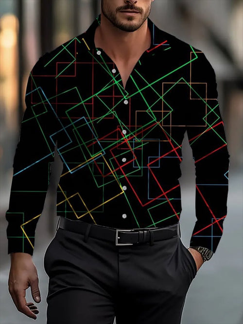 Men's Classic Business Plaid Stripe Print Long Sleeve Shirt