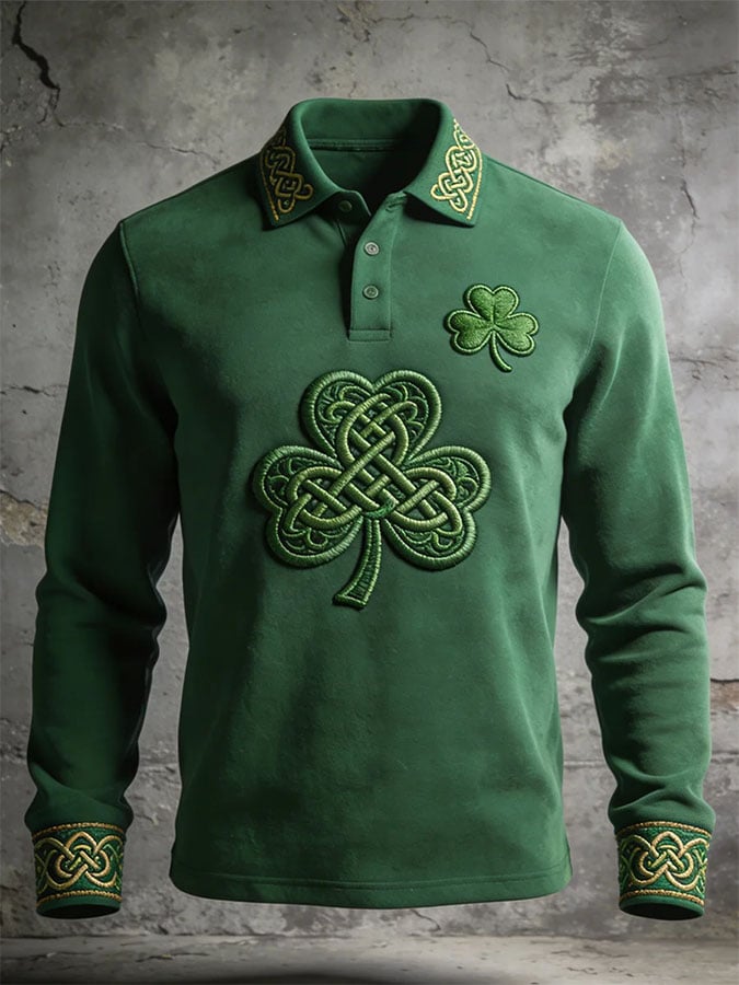 Men'S Casual Retro Print Long-Sleeved Polo Shirt