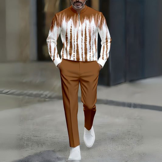 Men's Casual Brown & White Color Matching Tie-dye Printed Round-Neck Zipper Long Sleeved Trousers Two-Piece Set