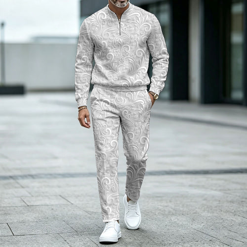 Men's White Crew-Neck Zipper Long-Sleeve Top and Pants Set