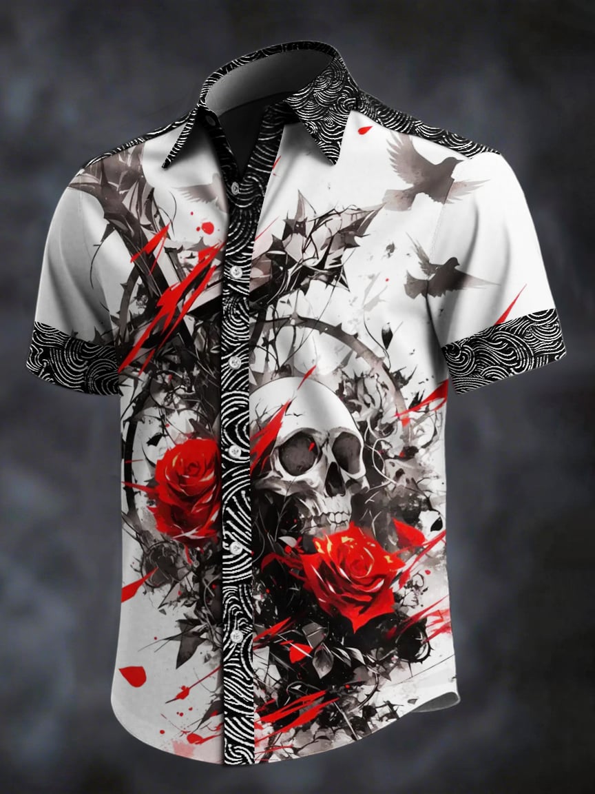Men's Retro Skull Print Lapel Short Sleeve Shirt