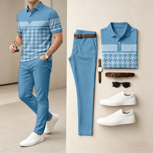 Men's Blue Printed Short-Sleeve Polo Shirt and Pants Two-Piece Set
