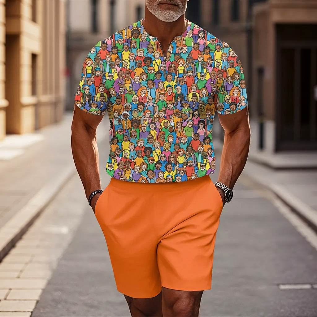 Men's Casual Full-Color Printing Printed Half-Zip Short-Sleeve T-Shirt And Shorts Two-Piece Set
