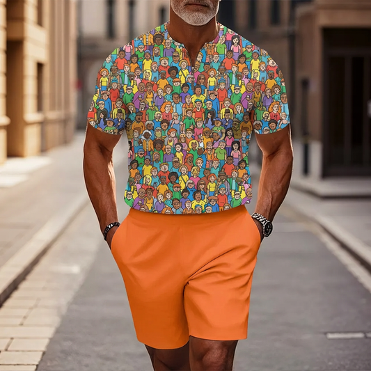 Men's Casual Full-Color Printing Printed Half-Zip Short-Sleeve T-Shirt And Shorts Two-Piece Set