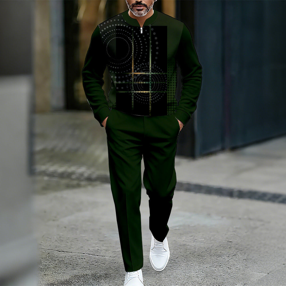 Men's Casual Color Matching Printed Round-Neck Zipper Long Sleeved Trousers Two-Piece Set