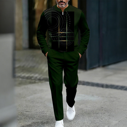 Men's Casual Color Matching Printed Round-Neck Zipper Long Sleeved Trousers Two-Piece Set