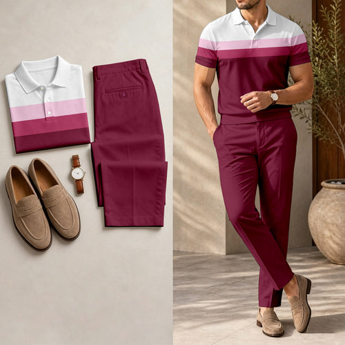 Men's Casual Rose Red Printed Polo Shirt And Pants Two-Piece Set
