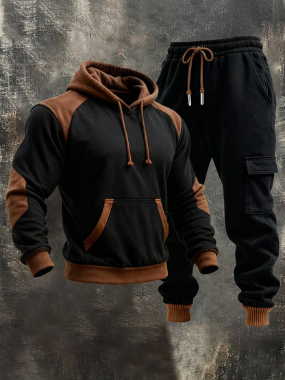 Men's Retro Stitching Contrast Color Hooded Casual Sweatshirt Suit
