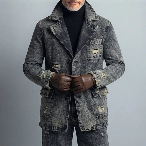 Men's Vintage Notched Lapel Single Breasted Wash Distressed Ripped Frayed Pocket Long Sleeve Denim Jacket