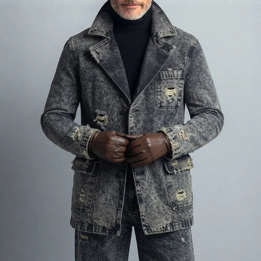 Men's Vintage Notched Lapel Single Breasted Wash Distressed Ripped Frayed Pocket Long Sleeve Denim Jacket