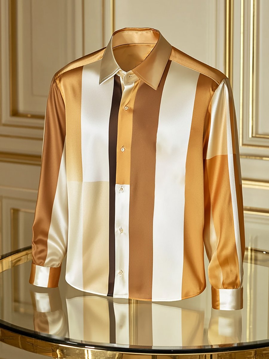 Men's Satin Luxury Business Charlie Sheen Striped Long Sleeve Shirt