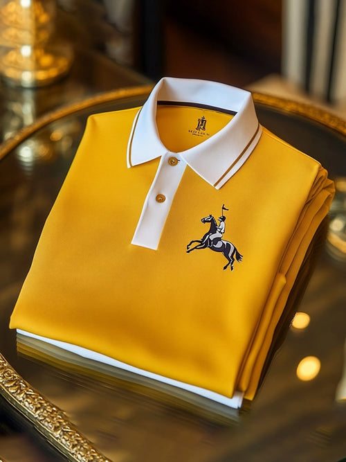 Men's Classic Business Check Logo Button Short Sleeve Polo Shirt