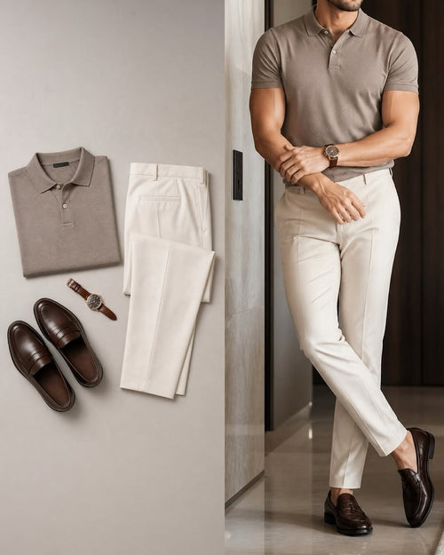 Men's Casual Khaki Color Short Sleeves Polo Shirt & Jeans Pants Two Piece Set