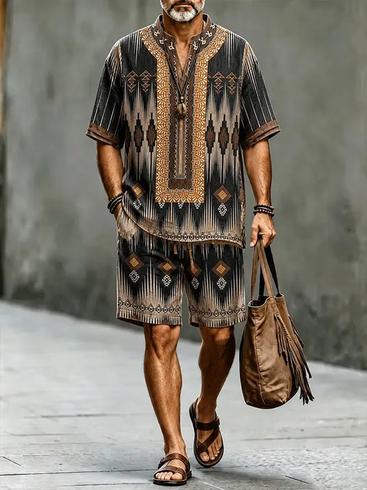 Men's Retro Geometric Ethnic Print Half Button Short Sleeve Shirt Shorts 2pcs Set