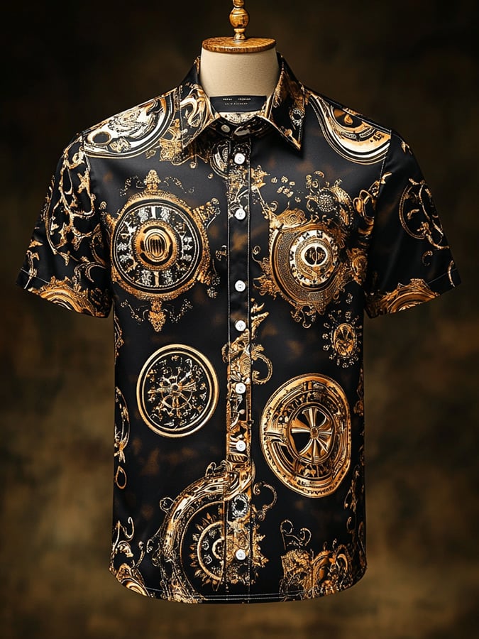 Men's Casual Vintage Floral Skull Print Short Sleeve Shirt